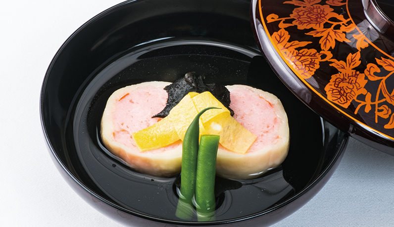 薄葛仕立 寿海老 生麩包み 青味 露生姜 祝茸 結び錦糸