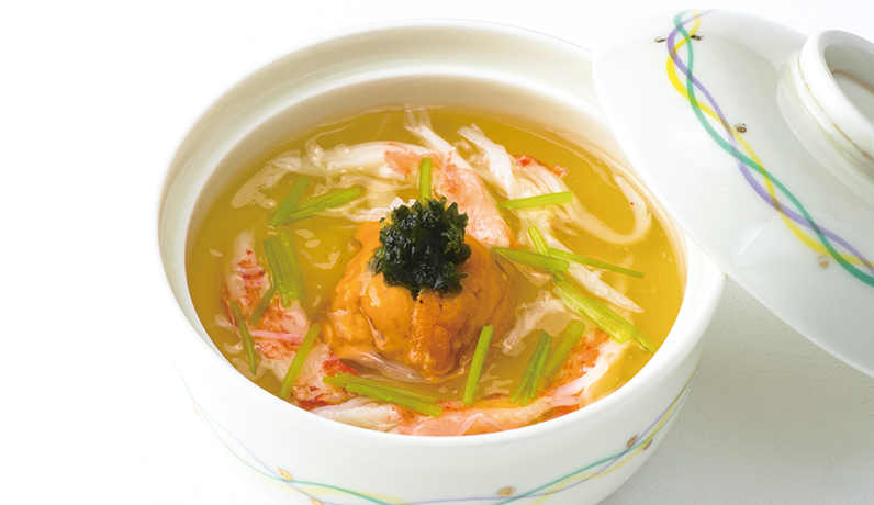 生雲丹東寺蒸し（海老）露生姜 蟹餡掛け 青味